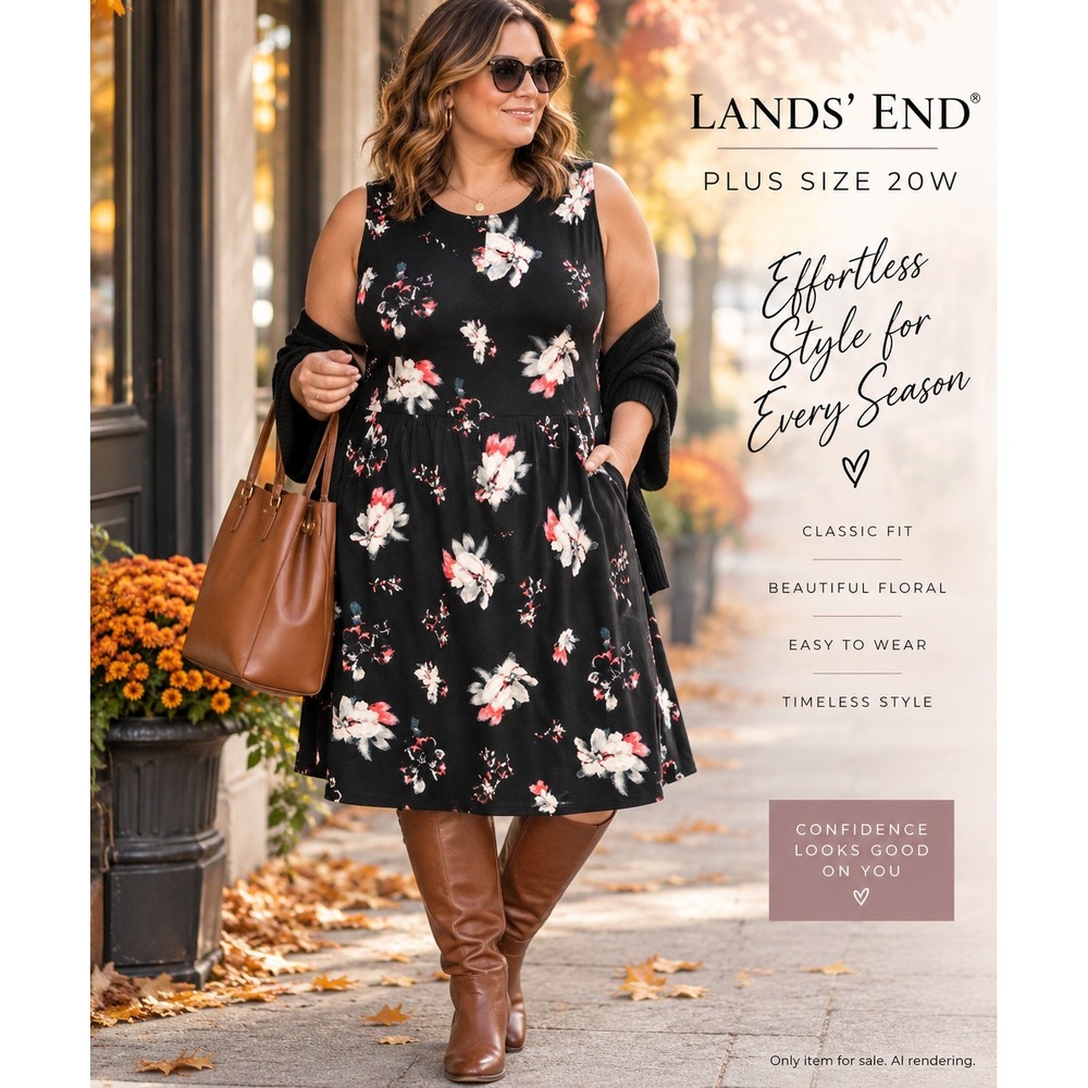 Lands' End 20W Sleeveless Black Floral Fit and Flare Dress Plus Size Pocket Posh